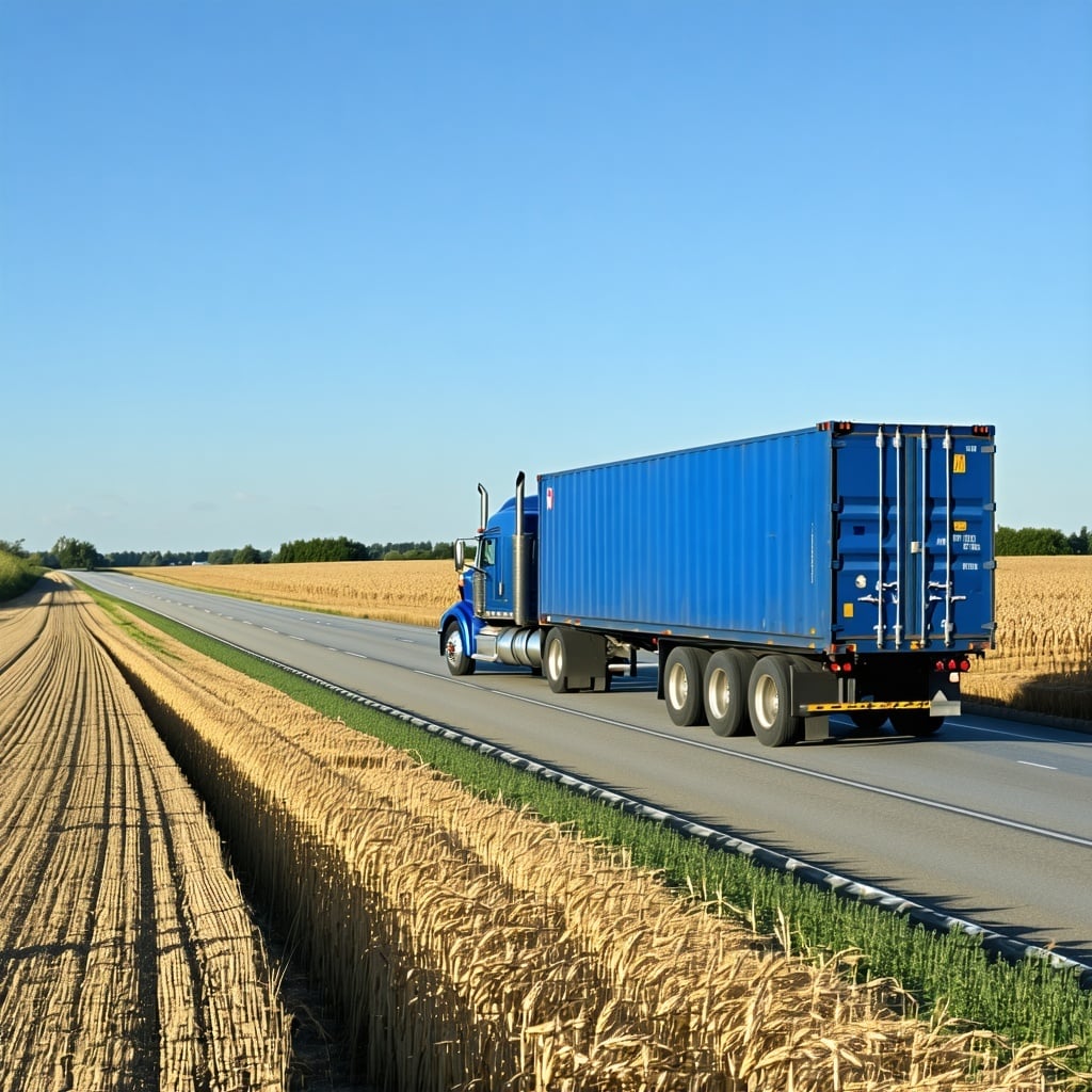a blue american intermodal container truck driving down the highway with a farm field of grain and corn next to it